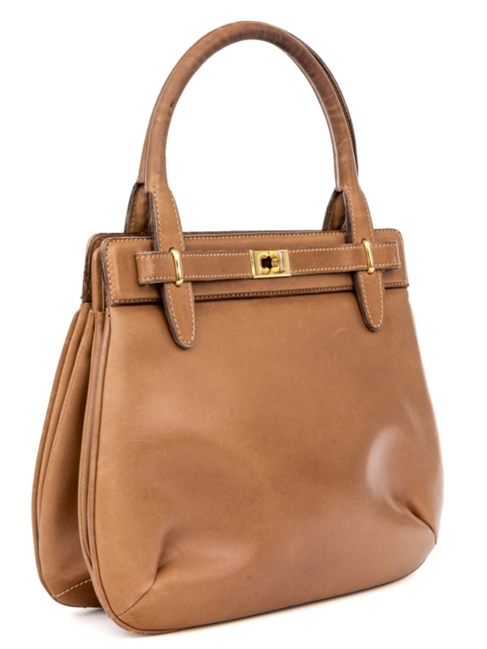 Rare Vintage Gucci Lady Lock Top Handle Bag Tan Leather Italy
